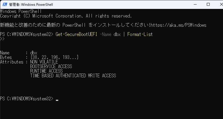 PowerShell で DBX の状態を確認した正常な実行結果(TIME BASED AUTHENTICATED WRITE ACCESS が表示されている例) - WeDOKデジラボ - WerDOK